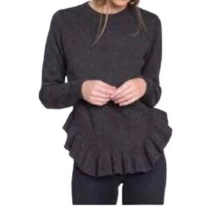 Anthropologie Dark Charcoal Ruffle-Hem Crew Sweater